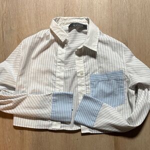 Primark XS Cropped Button Down Shirt with Light Blue Pinstripe Pocket & Cuffs